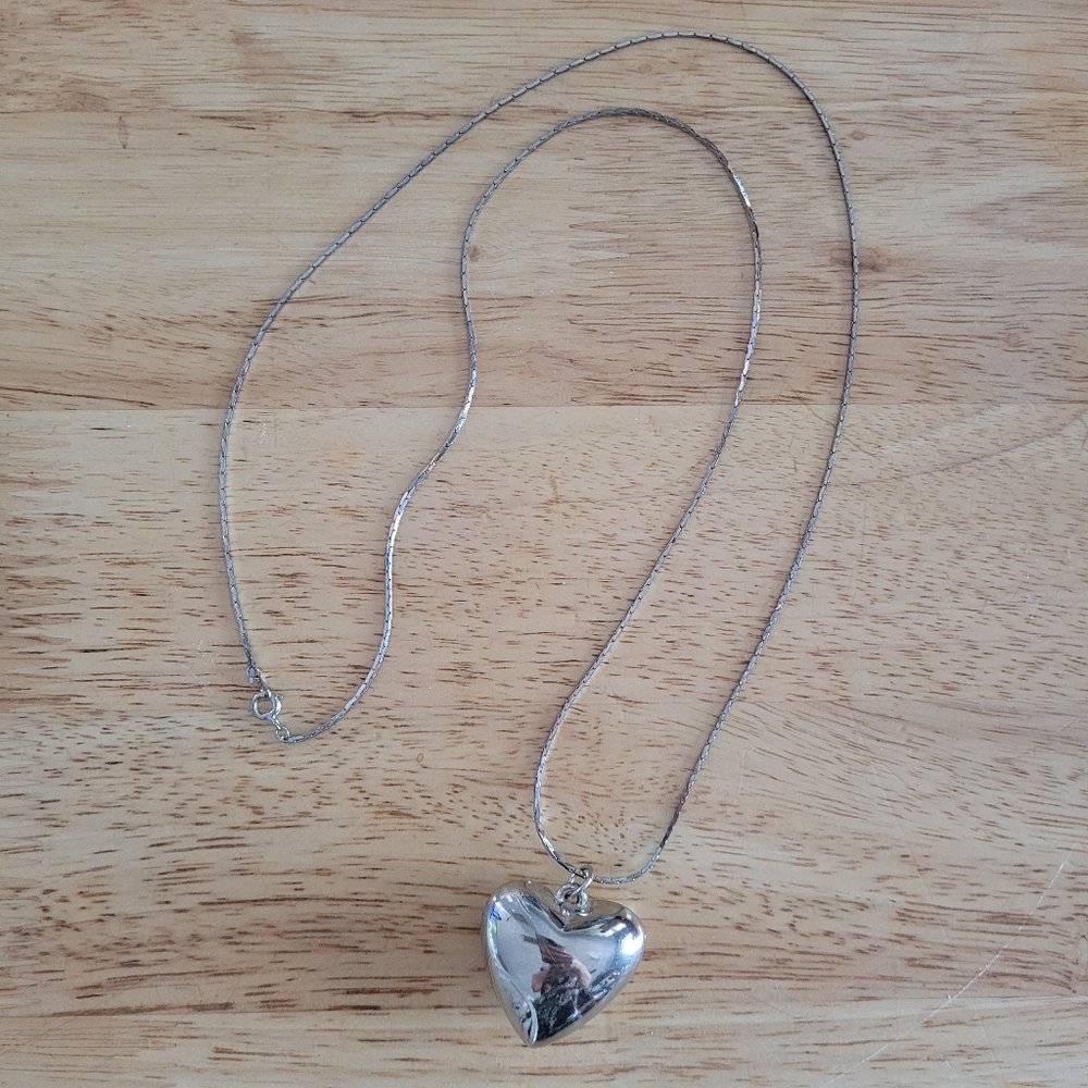 Vintage Puffy Heart Pendant Sterling Silver 16" Long Chain Necklace - Picture 3 of 6